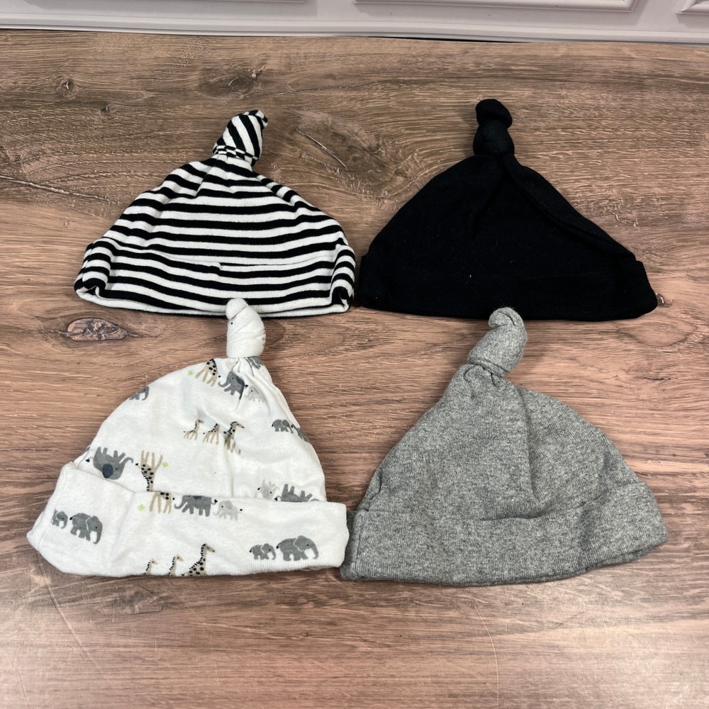 Target Gerber Baby Hats 0-6M Black White Grey Striped Elephant Top Knot 4 Pack